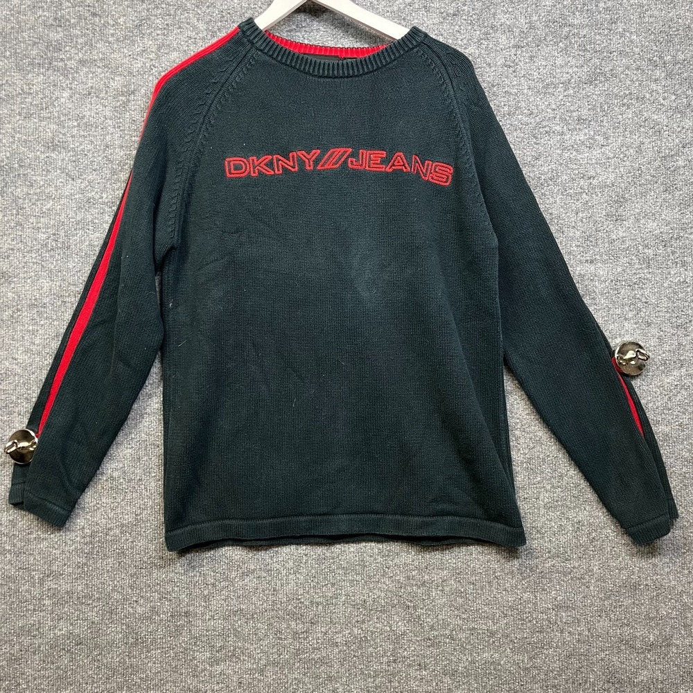 DKNY Jeans Sweater Mens Large Black Good Embroidered Logo Racing Stripe Pullover